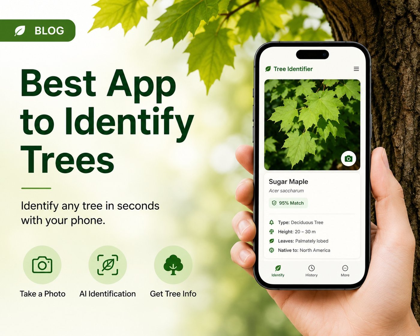 Best app to identify trees — AI tree identification on iPhone showing a Sugar Maple match