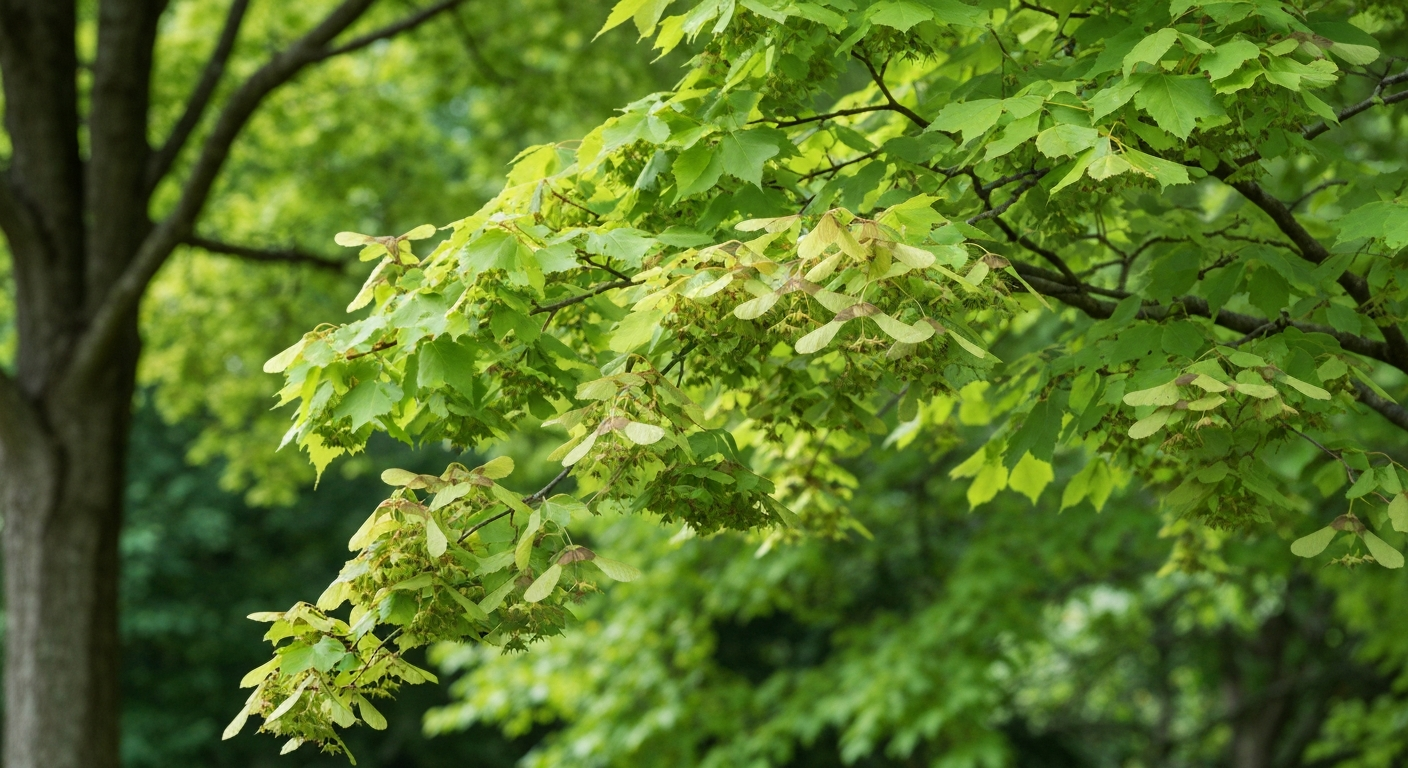 Acer tree identification — palmate maple leaves and winged samaras on an ornamental acer