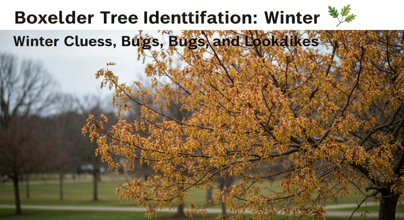Boxelder tree identification — winter twigs, opposite buds, and boxelder bugs on Acer negundo