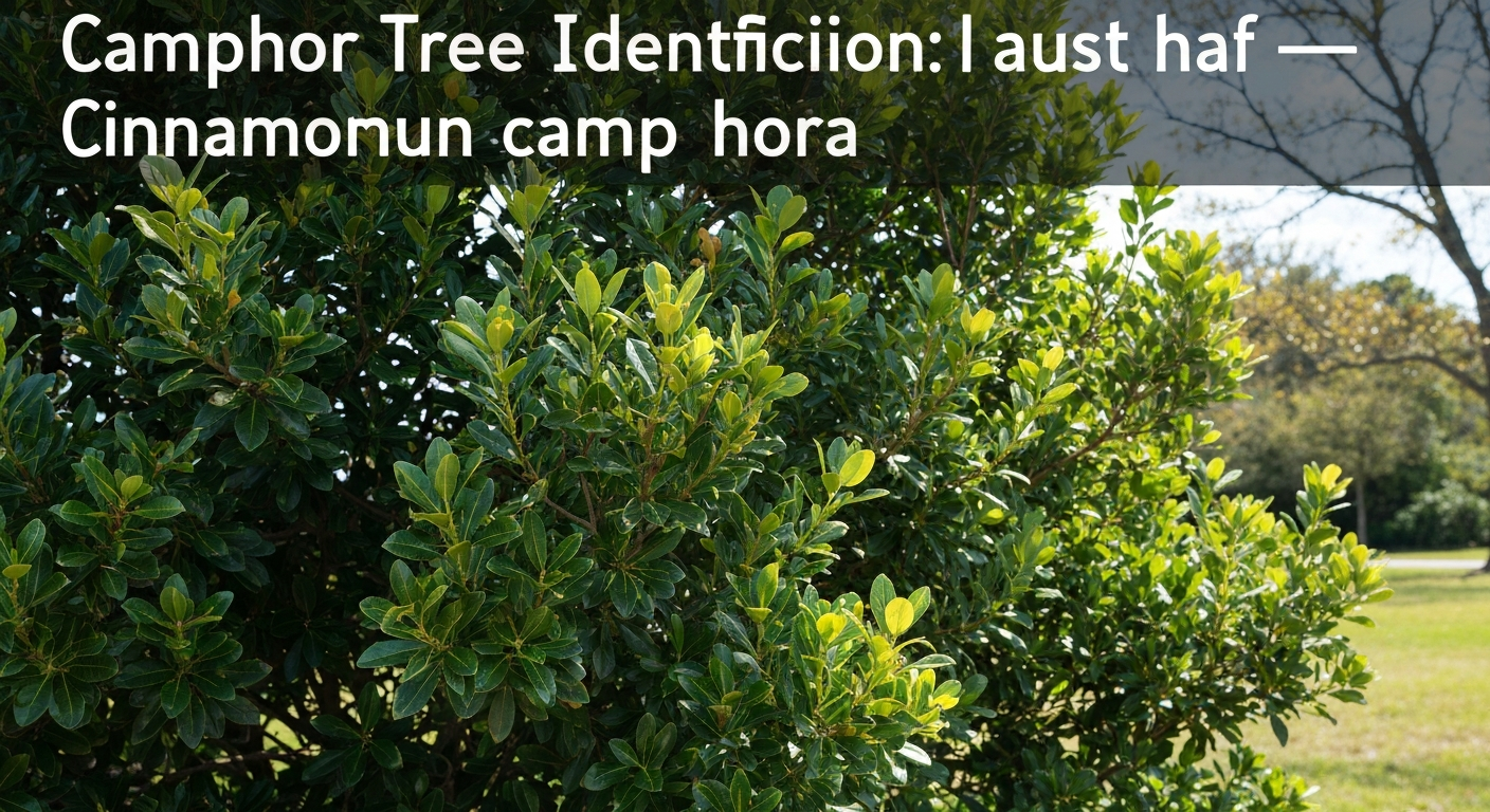Camphor tree identification — glossy evergreen leaves and aromatic camphor scent