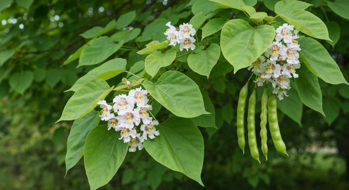 Catalpa tree identification — large heart-shaped leaves and long bean seed pods