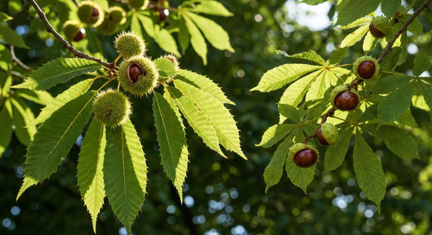 Chestnut tree leaves, spiny burrs, and bark for species identification
