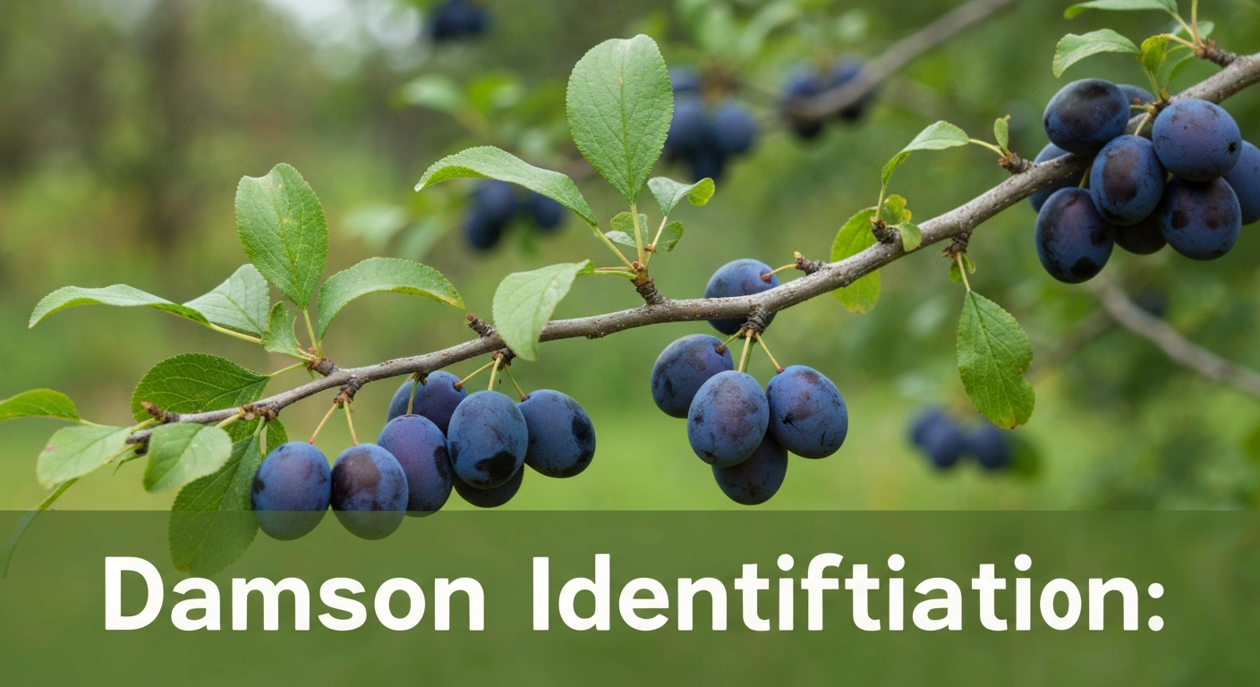Damson identification — blue-black damson plums on branch with oval serrated leaves