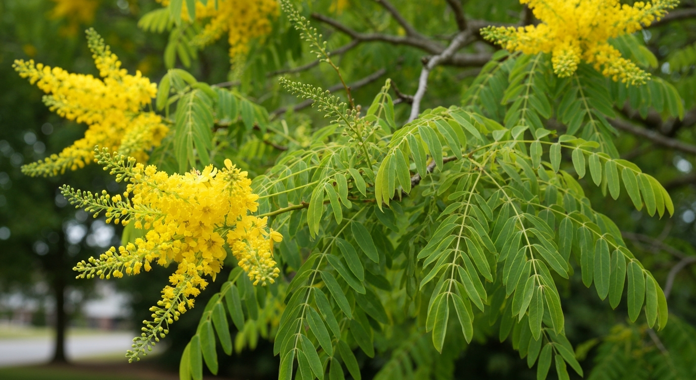 Golden rain tree identification — yellow flower panicles and papery bladder pods