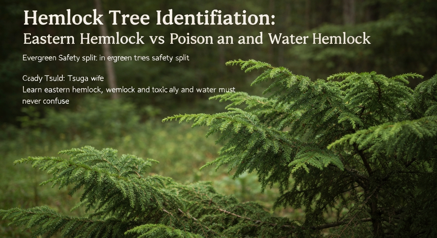 Eastern hemlock tree identification — flat evergreen needles and drooping branch tips