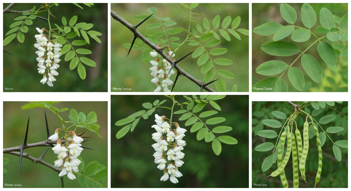 Black locust and honey locust leaves, bark, and thorns for tree identification