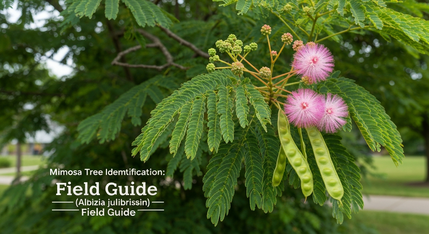 Mimosa tree identification — pink powderpuff flowers and bipinnate fern-like leaves