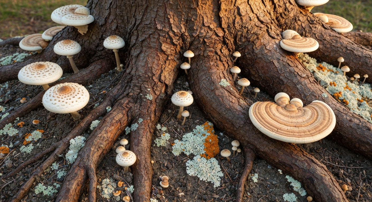 Morel tree identification — mushroom hunter checking base of dying elm for morels