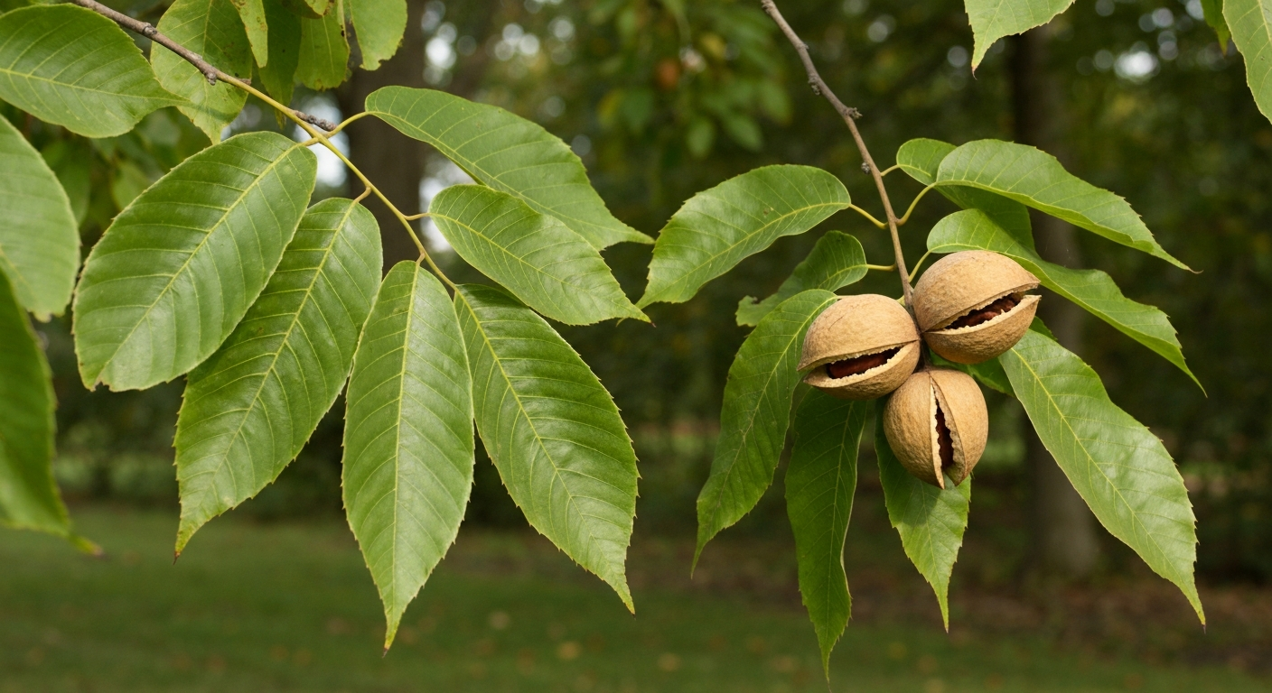 Nut tree identification — compound leaves and fallen nuts with husks on forest floor