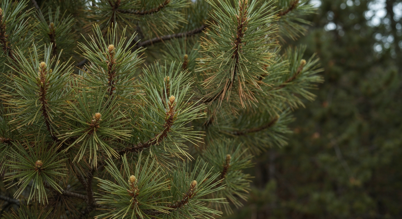 Pine tree identification — needles in bundles and mature pine cone on branch