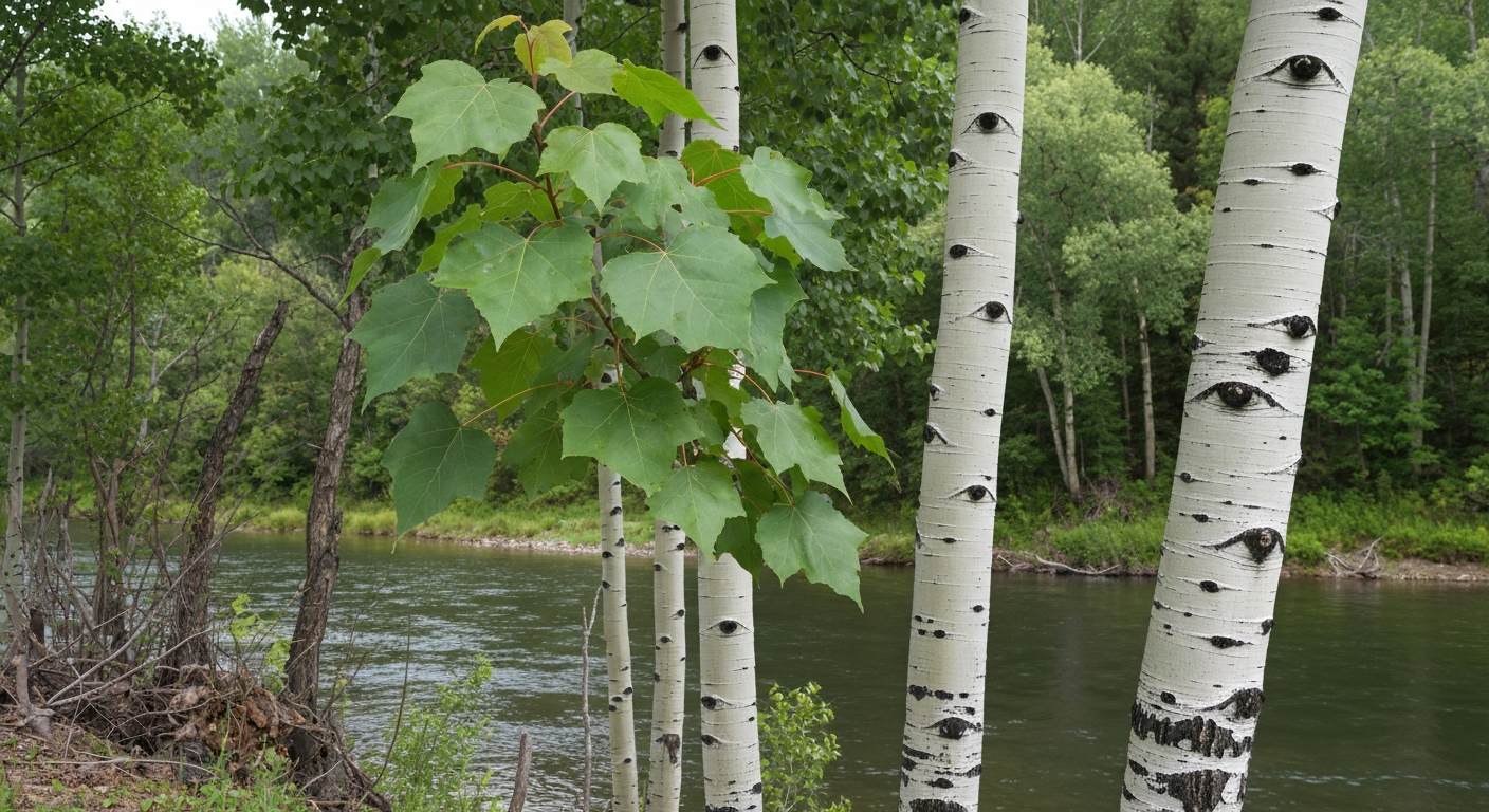 Poplar tree leaves and bark for species identification