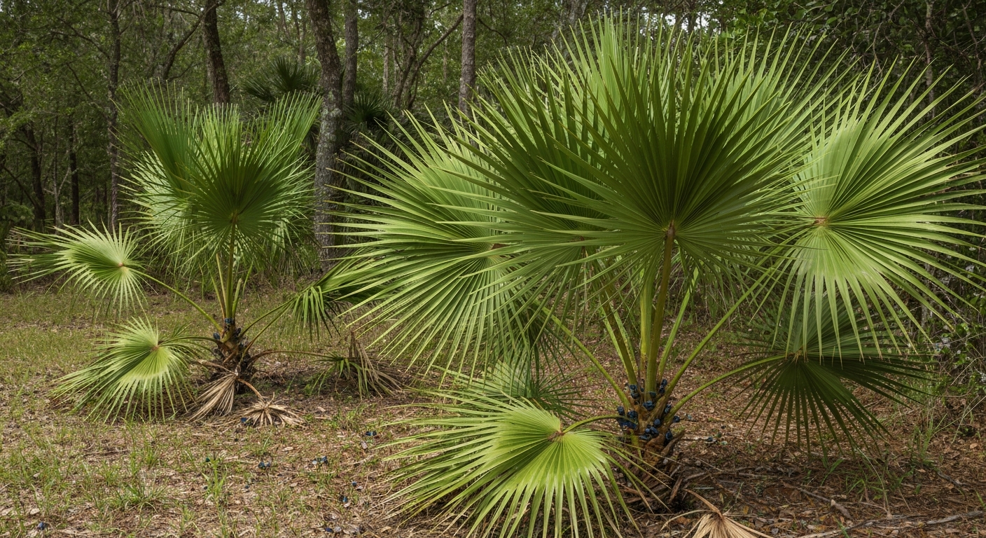 Saw palmetto identification — fan fronds and saw-toothed petiole stem