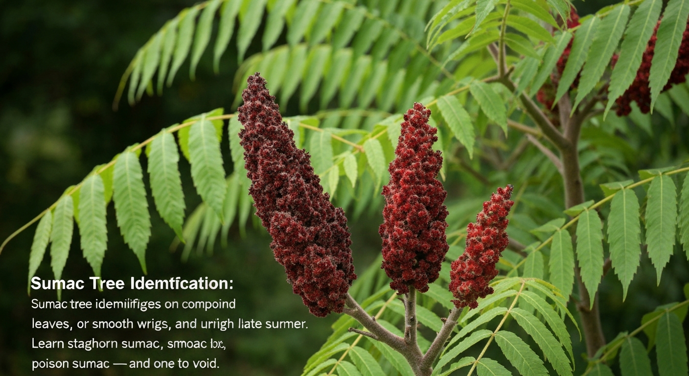Staghorn sumac tree identification — red berry cluster and compound leaves