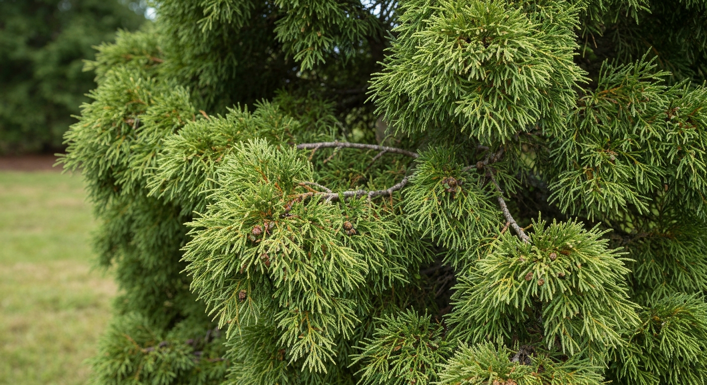 Thuja identification — flat scale-like sprays and small upright cones on arborvitae