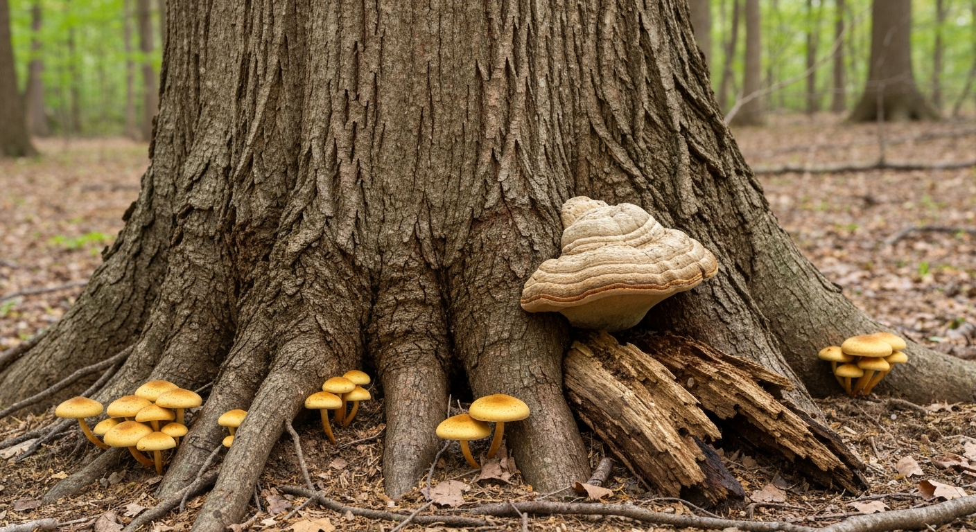 Mushrooms and fungal growth at the base of a mature tree — tree root fungus identification field guide