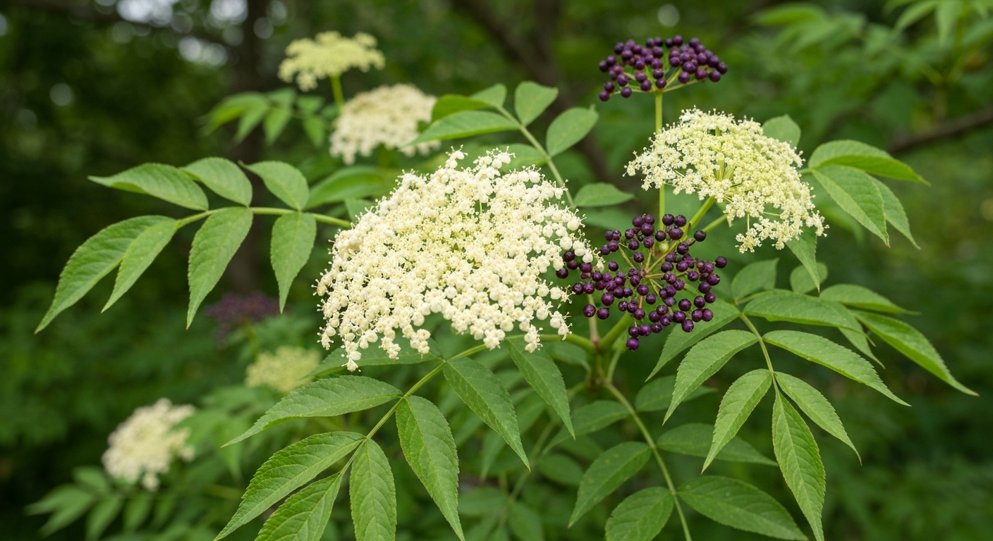 Identification elderberry tree leaves — compound opposite leaves and flower cluster on Sambucus