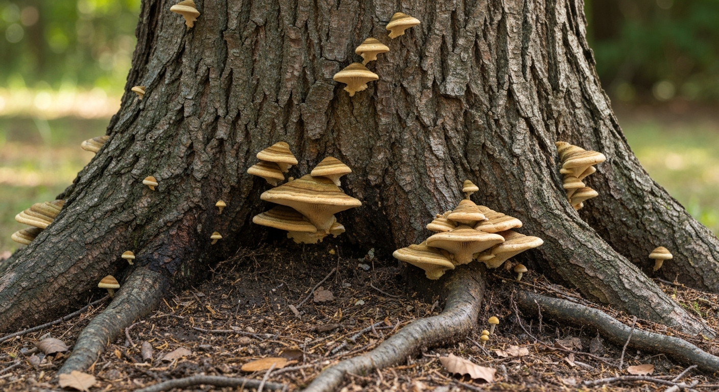 White shelf fungus on a tree trunk for identification white tree fungus