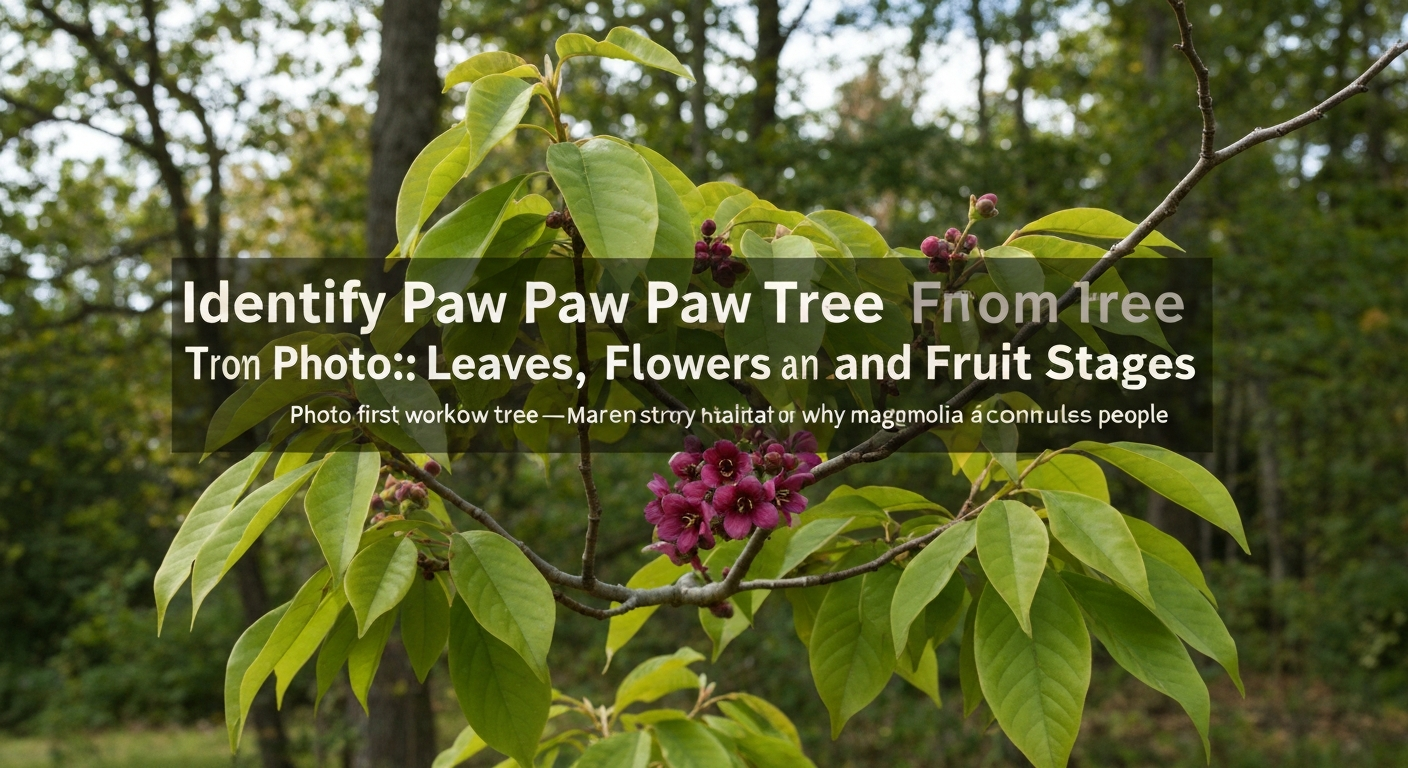 Identify paw paw tree — large understory leaves and green pawpaw fruit on Asimina triloba