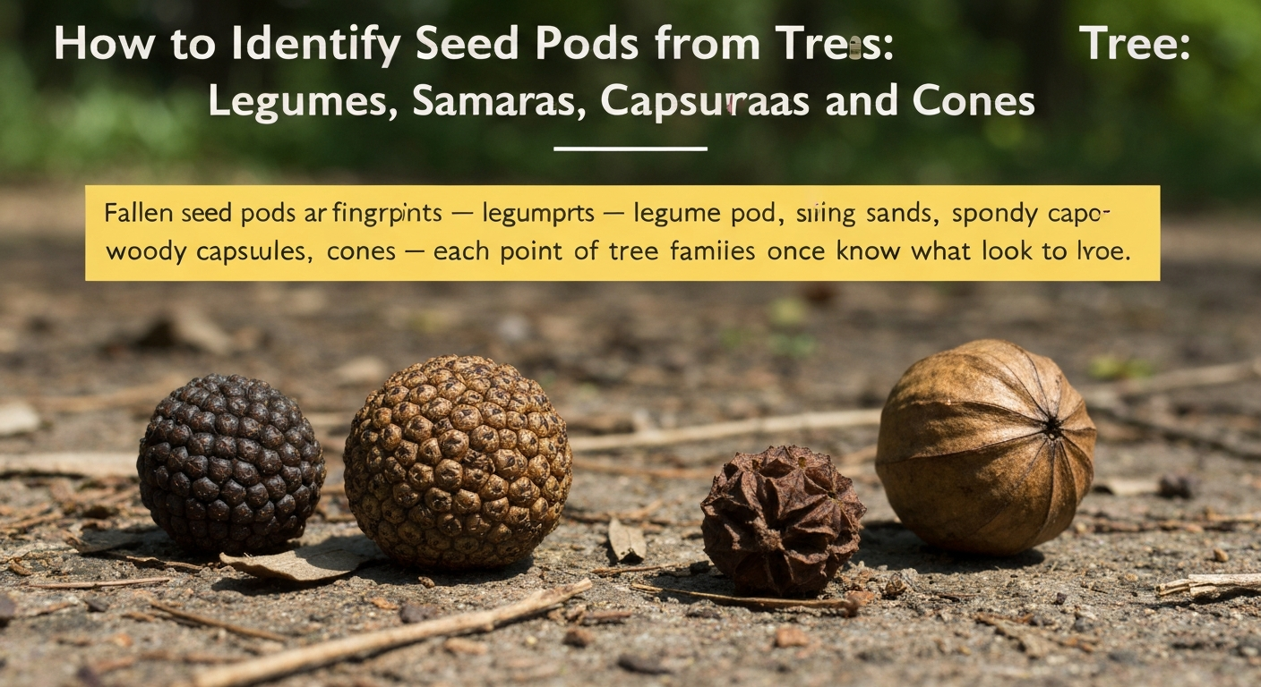 Identify seed pods from trees — assorted legume pods, samaras, and cones on forest floor