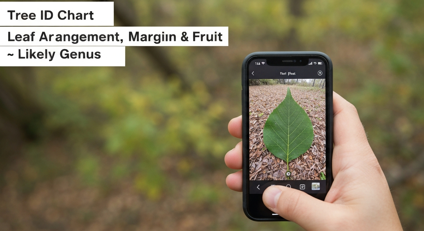 Tree id chart flowchart — leaf arrangement and fruit types leading to tree genera